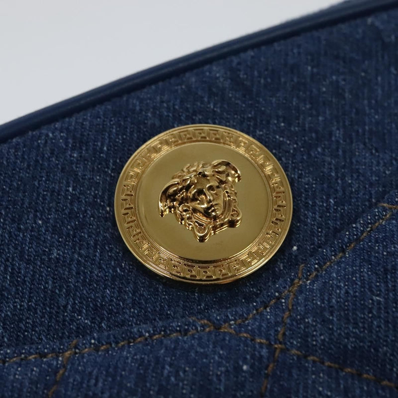 Versace Medusa Icon Front Slip Pocket Camera Quilted Denim Blue Canvas Bag