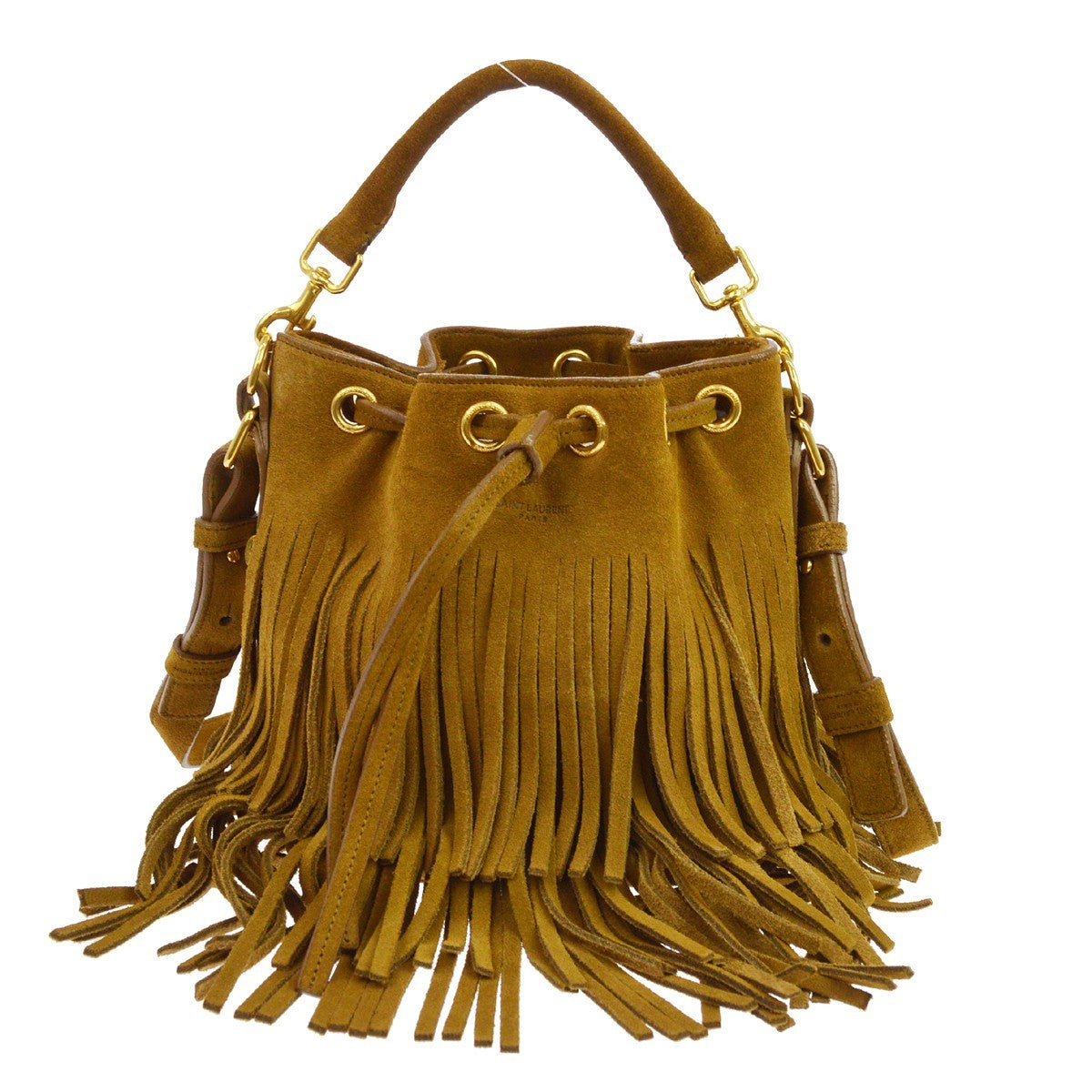 Saint Laurent Fringe Emmanuelle Bucket Suede Brown Bag