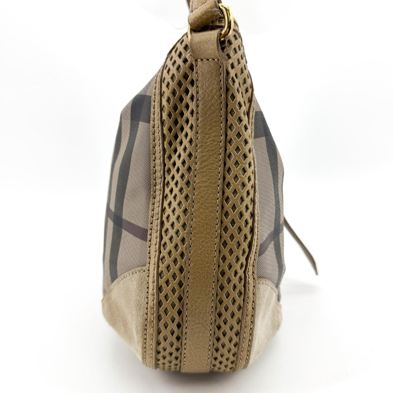 Burberry Ashwood Convertible Hobo House Check Canvas Beige Suede