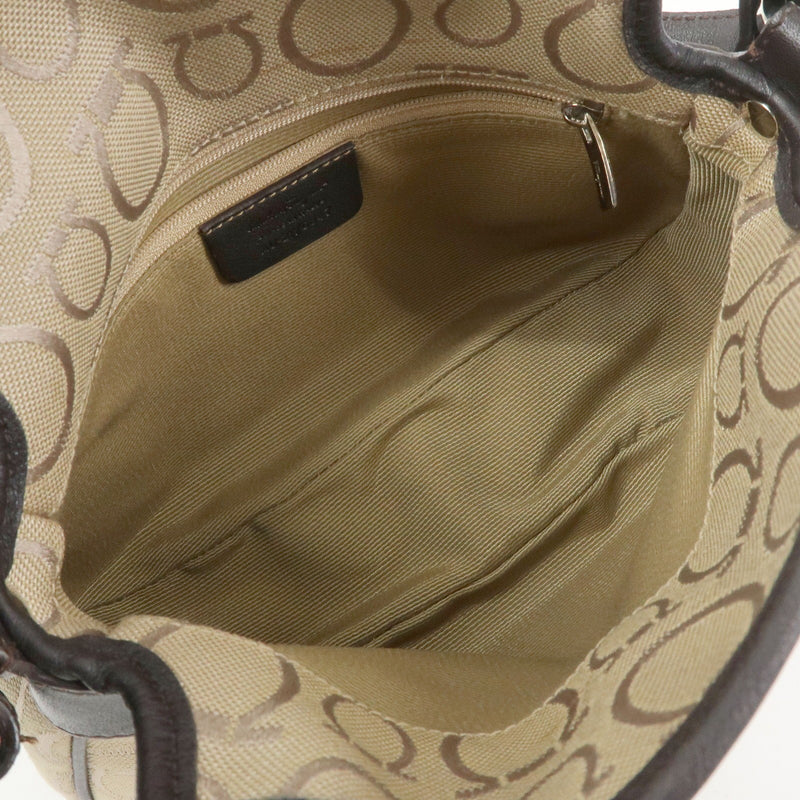 Salvatore Ferragamo Gancini Handle Leather Beige Canvas Bag