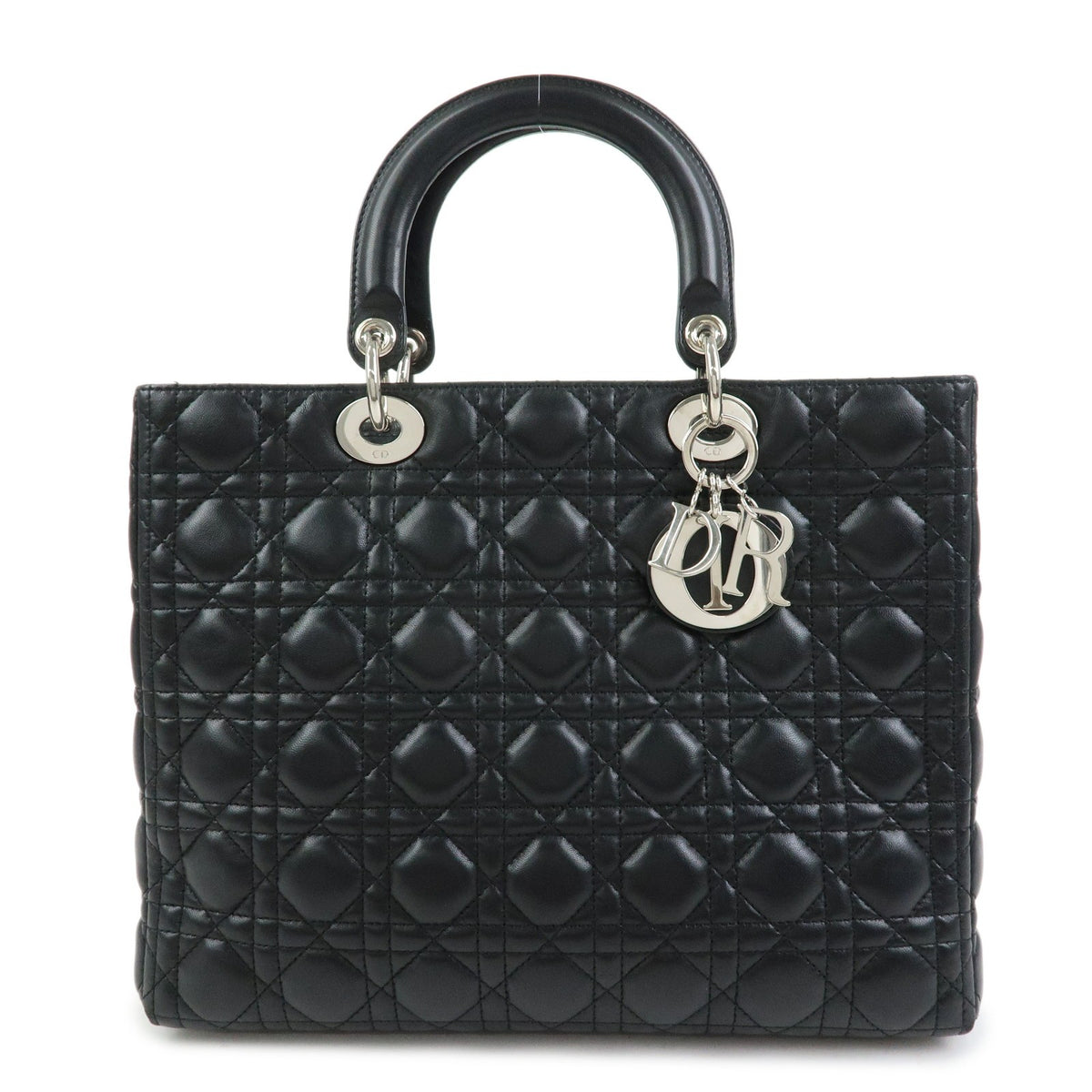 Christian Dior Lady Cannage Quilt Lambskin Black Leather Bag