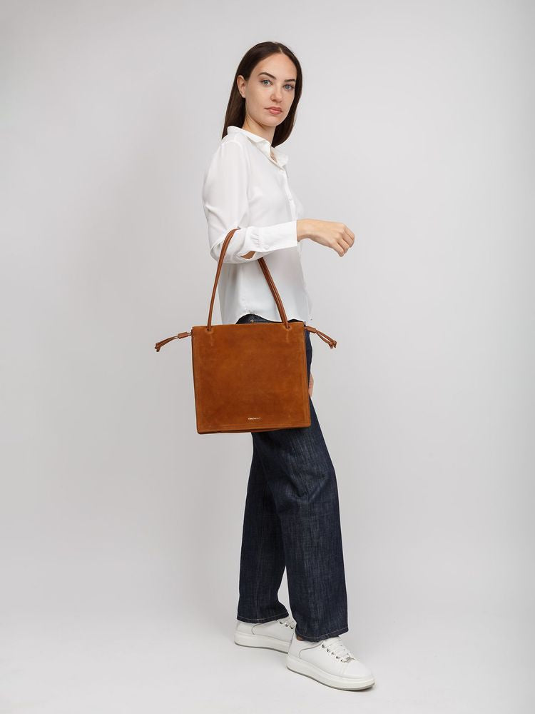 Coccinelle Embossed Logo Cowhide Shoulder Bag — Cognac