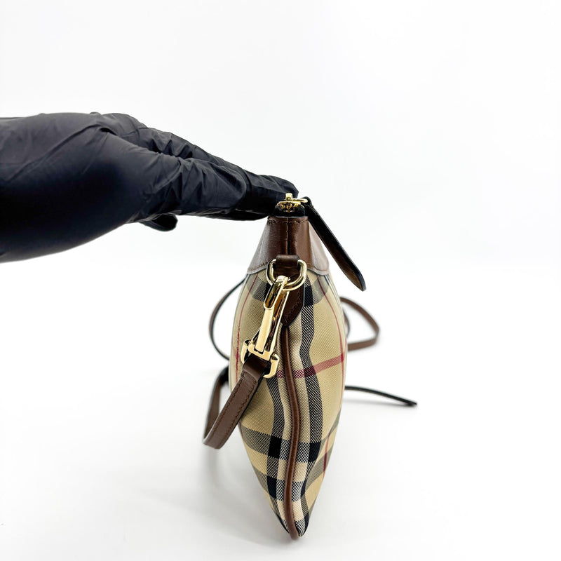 Burberry Peyton Crossbody Clutch Haymarket Coated Canvas Brown
