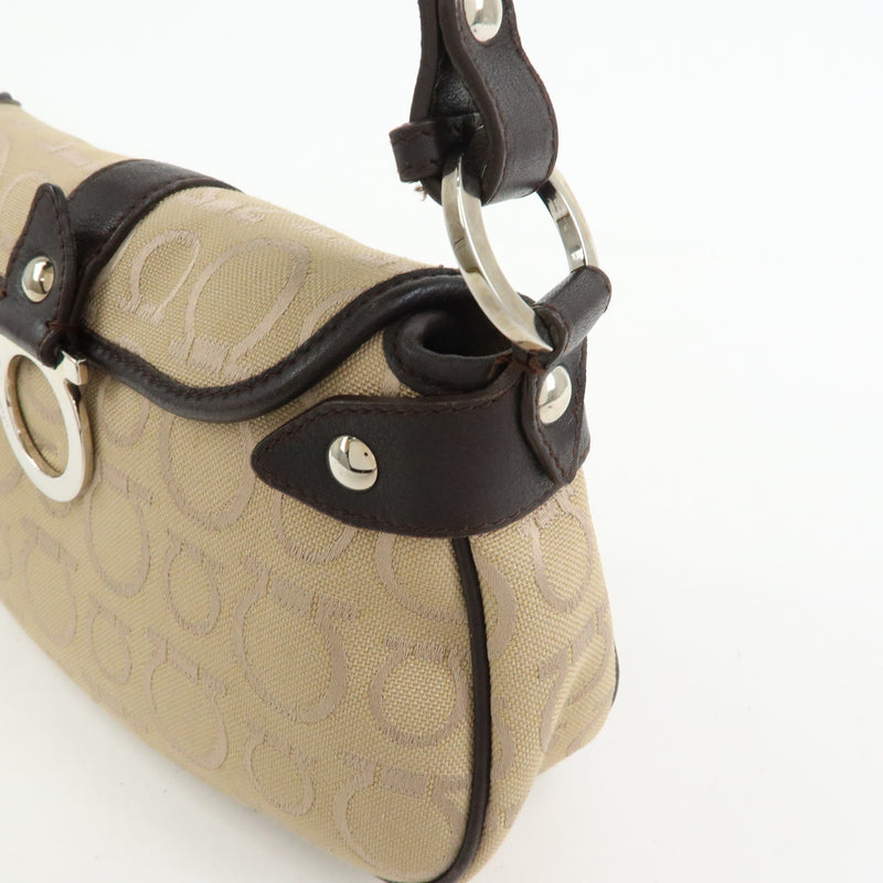 Salvatore Ferragamo Gancini Handle Leather Beige Canvas Bag