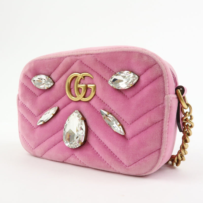 Gucci Gg Marmont Crystal Embellished Matelasse Velvet Pink Bag