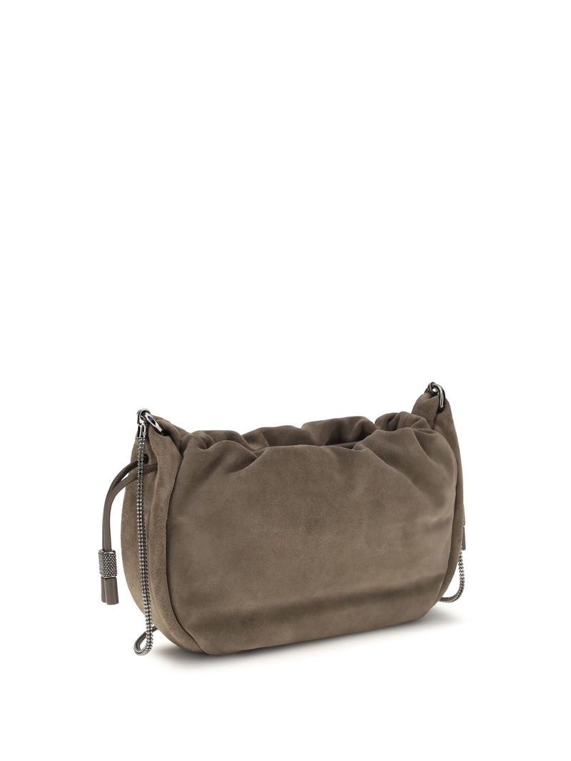 Brunello Cucinelli Suede With Precious Chain Shoulder Bag — Gray Calf Leather Bos Taurus