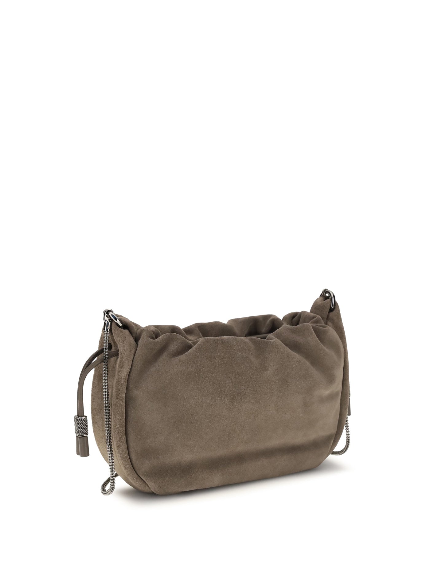 Brunello Cucinelli Precious Chain Suede Shoulder Bag — Gray Calf Leather