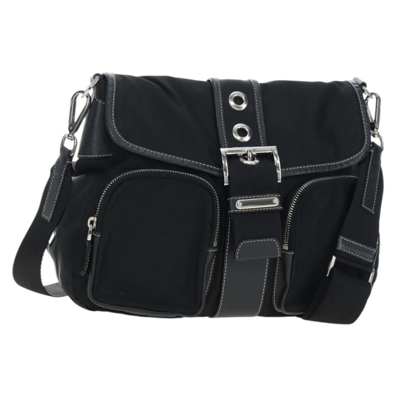 Prada Double Pocket Buckle Flap Tessuto And Leather Black Nylon Bag