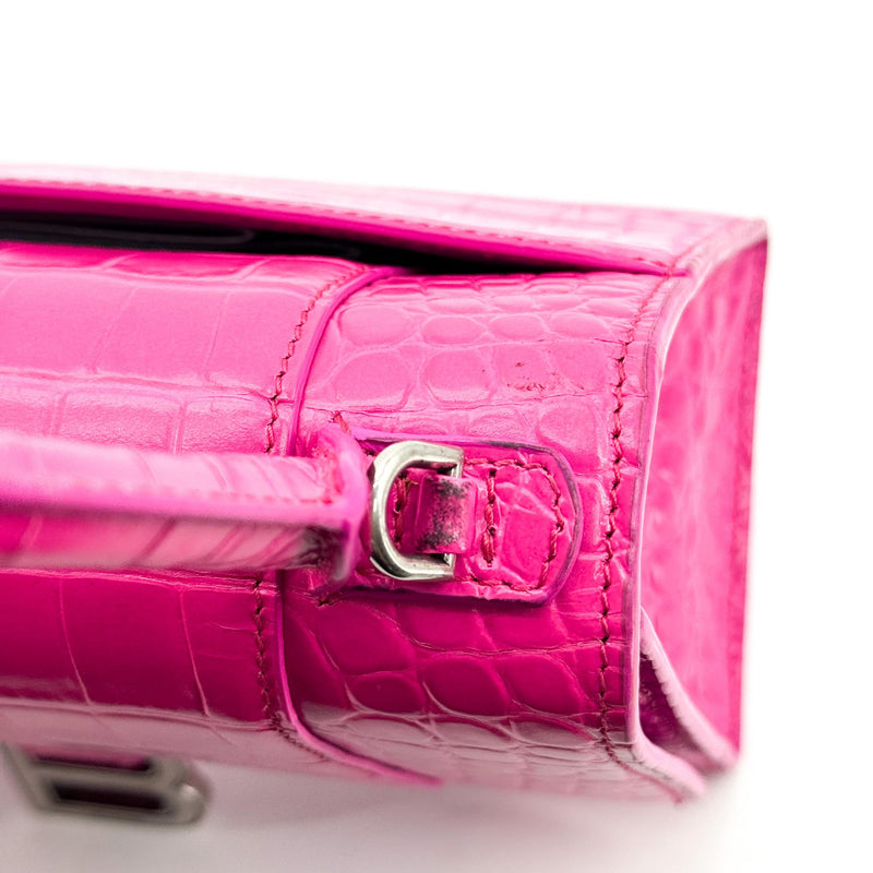 Balenciaga Hourglass Top Handle Crocodile Embossed Leather Pink Bag