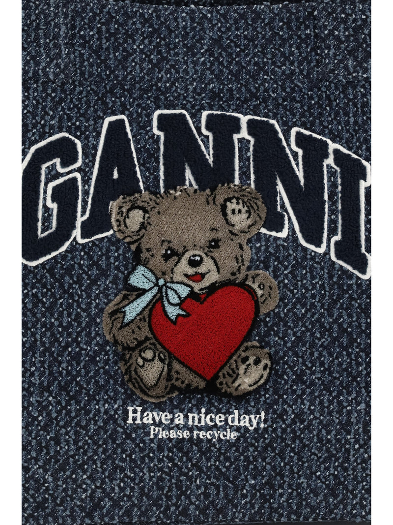 Ganni Embroidered Teddy Bear Denim Tote Bag — Navy Cotton