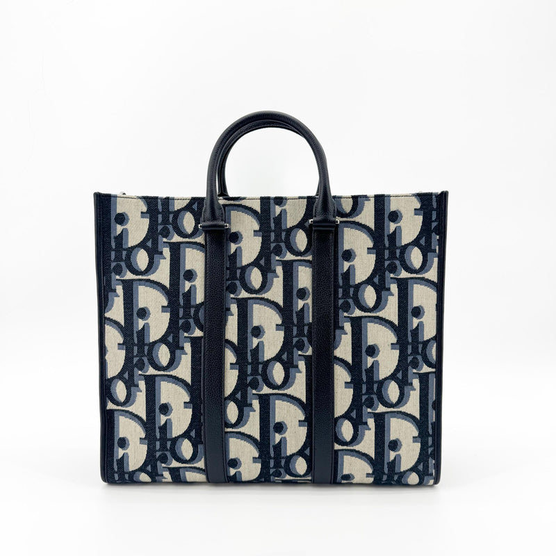 Christian Dior Book Tote With Strap Oblique Canvas Black
