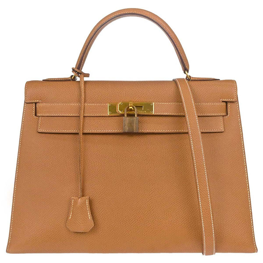 Hermes Kelly Brown Courchevel With Gold Hardware Beige Calfskin Bag