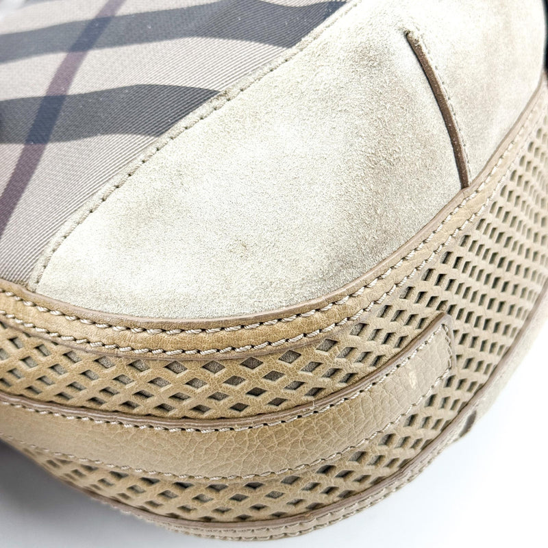 Burberry Ashwood Convertible Hobo House Check Canvas Beige Suede