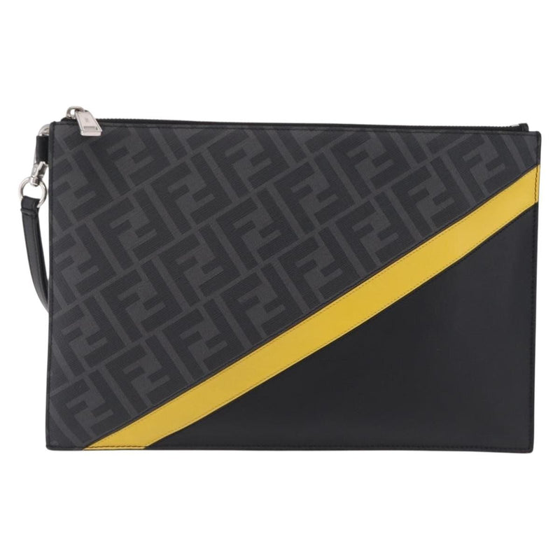 Fendi Zip Flat Wristlet Zucca Coated Canvas And Leather Black Bag