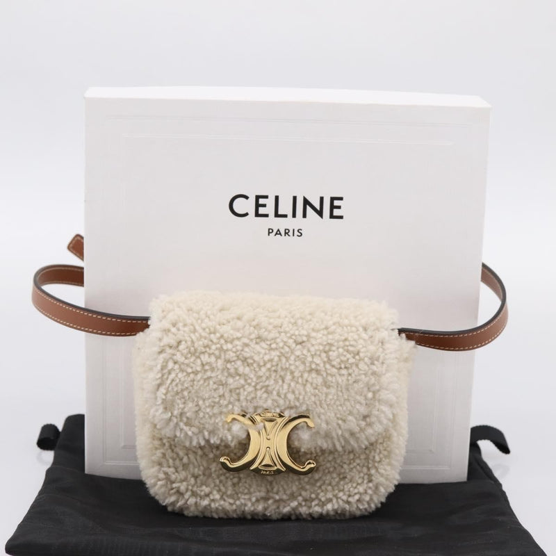Celine Triomphe Shoulder Shearling Beige Wool Bag