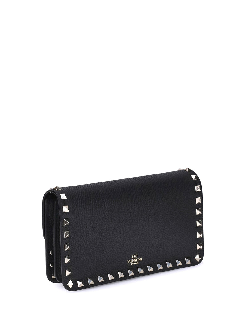Valentino Garavani Rockstud Chain Wallet — Black Calf Leather Bos Taurus