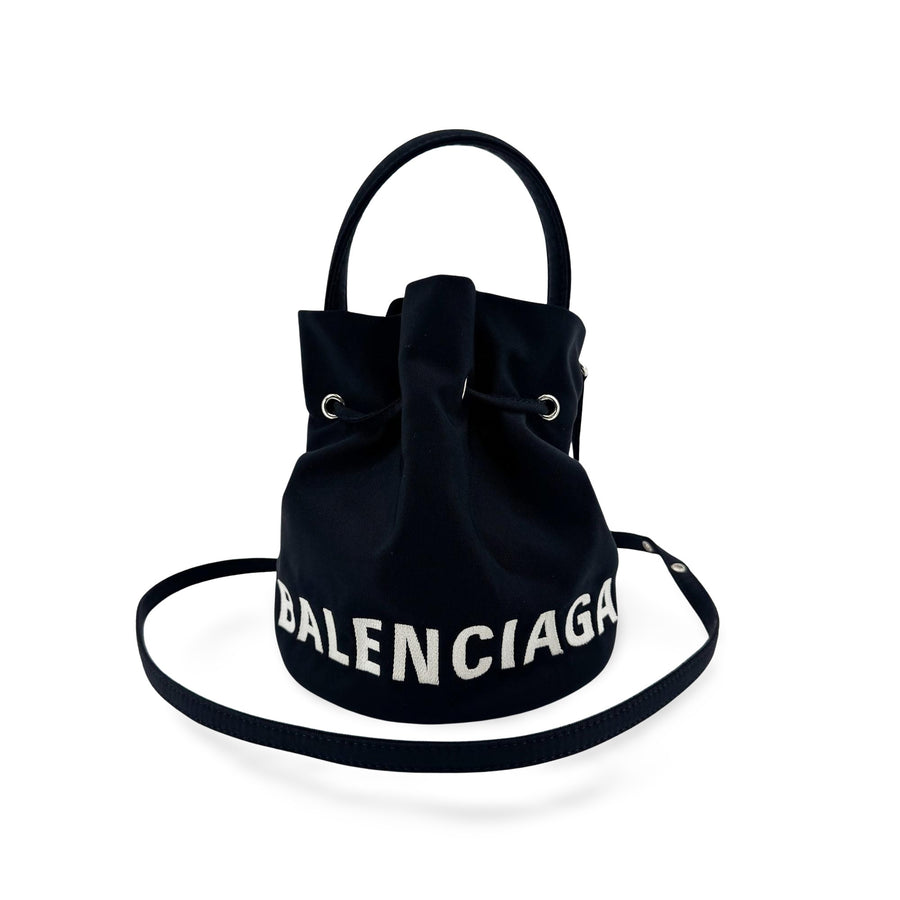 Balenciaga Wheel Drawstring Bucket Nylon Black Canvas Bag