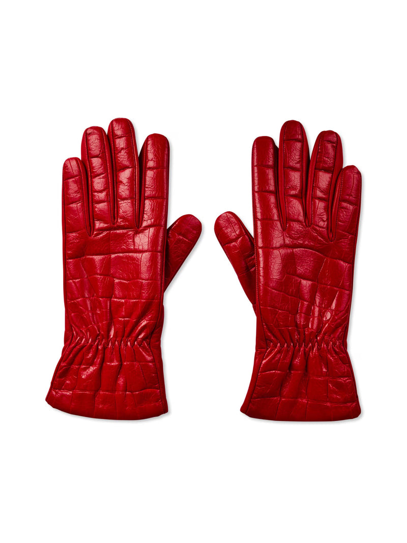 Bottega Veneta Croc Embossed Logo Leather Gloves — Red