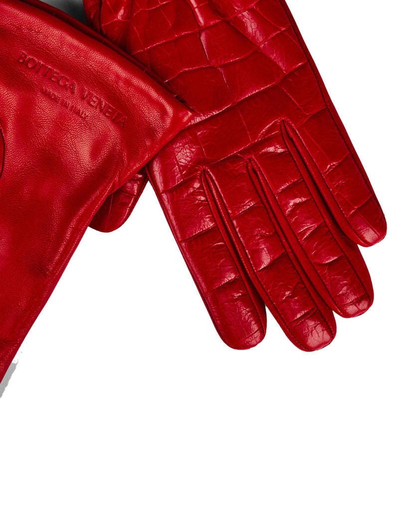 Bottega Veneta Croc Embossed Logo Leather Gloves — Red
