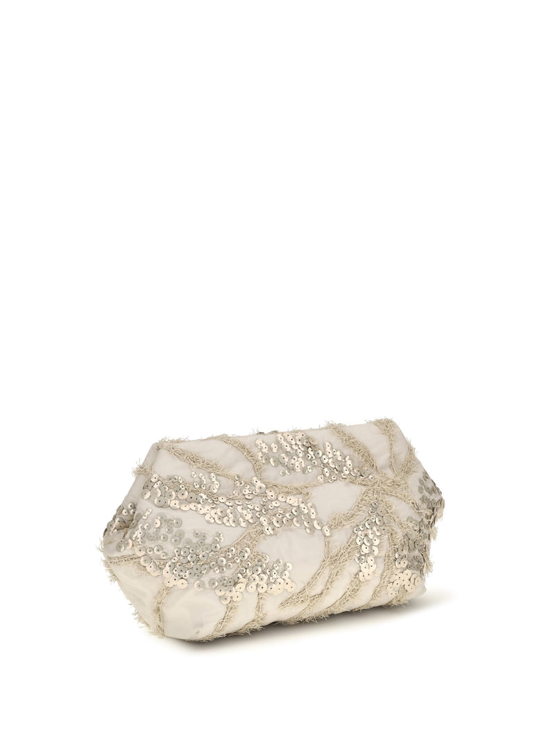 Brunello Cucinelli Sequin-Embroidered Silk Organza Clutch — Beige