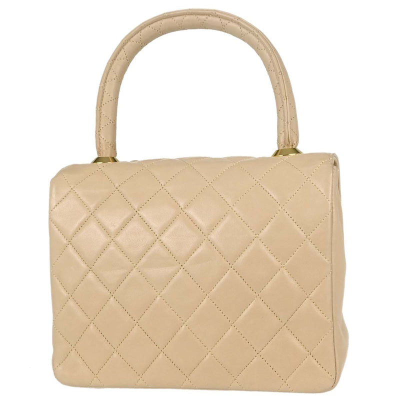 Chanel Cc Top Handle Flap Quilted Lambskin Beige Leather Bag