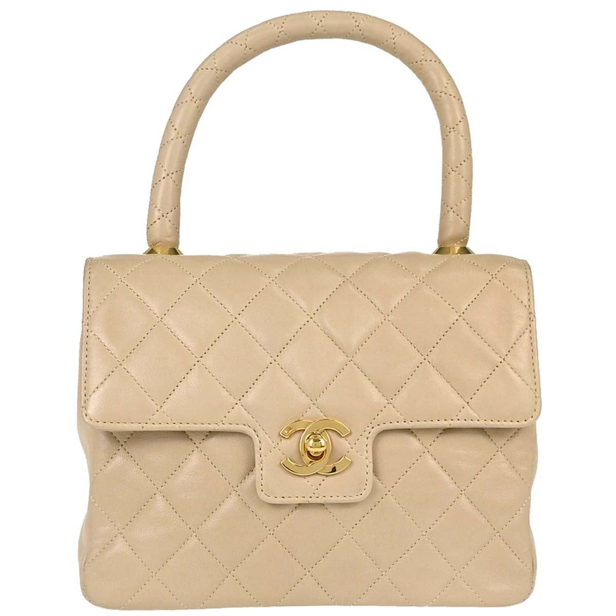 Chanel Cc Top Handle Flap Quilted Lambskin Beige Leather Bag