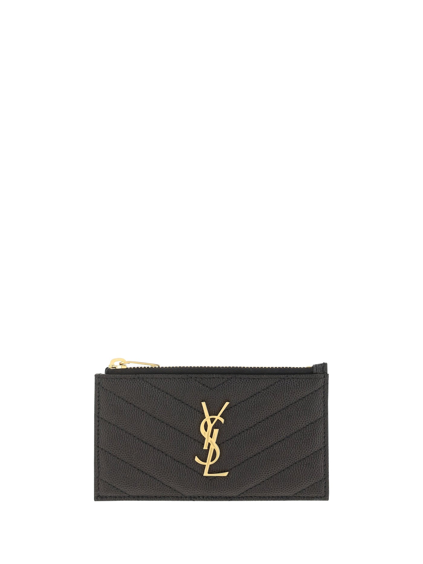 Saint Laurent Quilted Leather With Ysl Logo Cardholder — Black Calf Bos Taurus Wallet