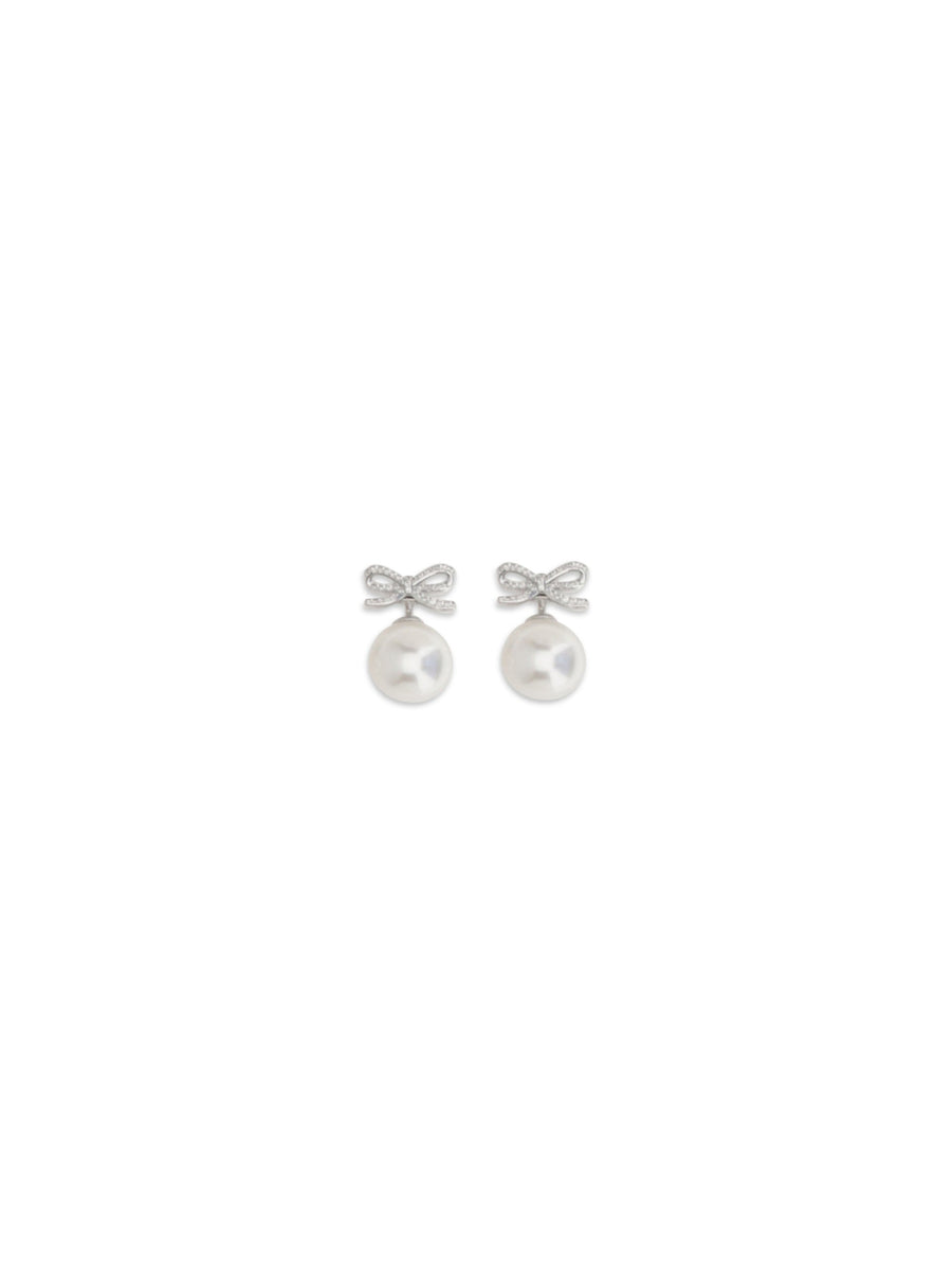 Self-Portrait Crystal Bow Pearl Earrings — Silver Brass