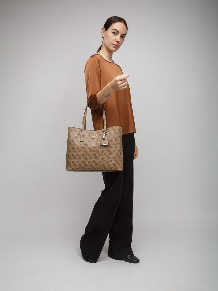 Guess Logo-Jacquard Tote Bag — Beige Polyurethane
