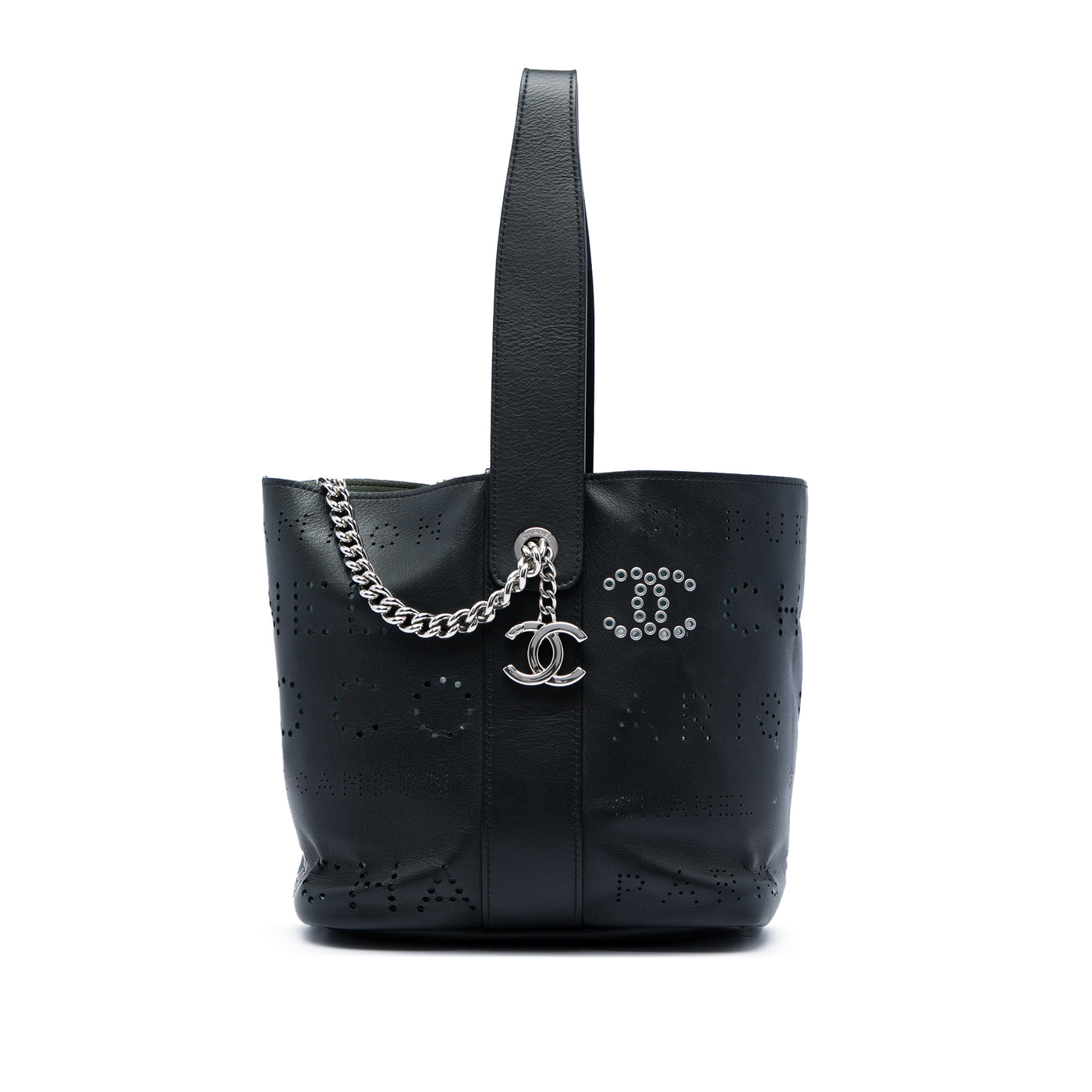 Small Perforated Calfskin Logo Eyelet Bucket Bag - Image 1