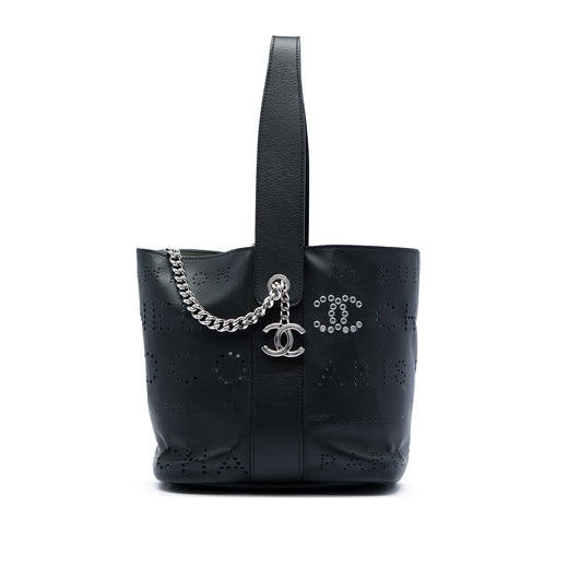 Small Perforated Calfskin Logo Eyelet Bucket Bag - Image 1