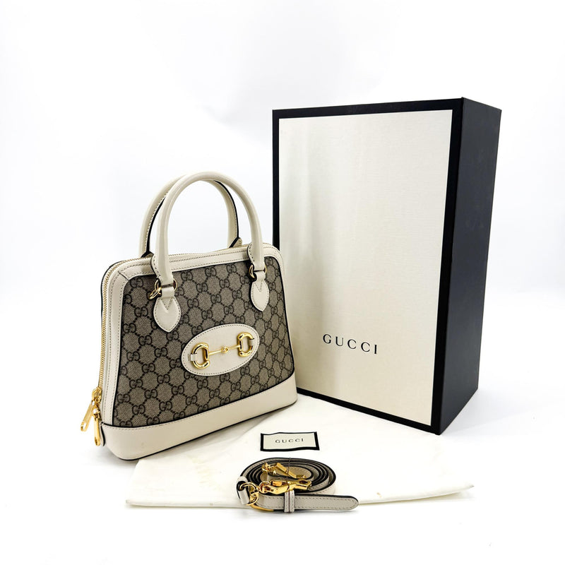 Gucci Horsebit 1955 Top Handle Gg Coated Canvas With Leather White Bag