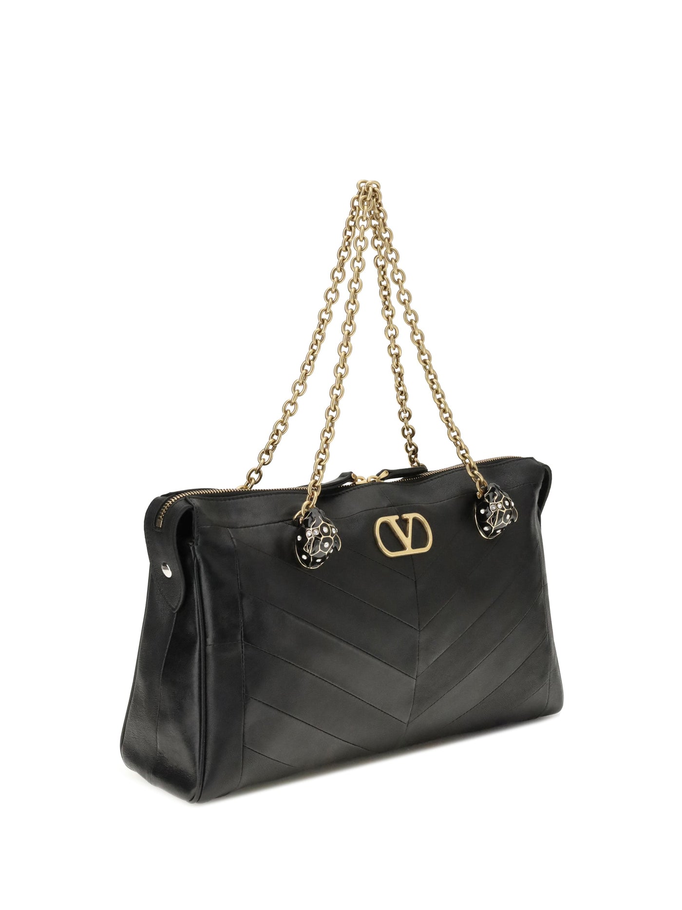 Valentino Garavani Panthea Chevron Shoulder Bag — Black Lamb Leather