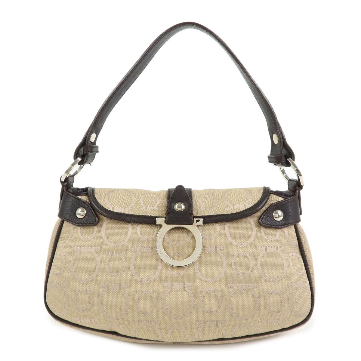 Salvatore Ferragamo Gancini Handle Leather Beige Canvas Bag