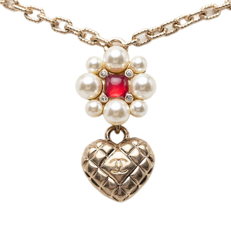 CC Gold Plated Faux Pearl Flower and Strass Heart Pendant Necklace - Image 2