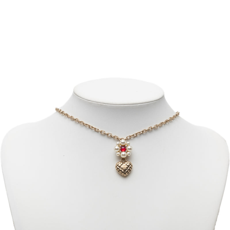 CC Gold Plated Faux Pearl Flower and Strass Heart Pendant Necklace - Image 5