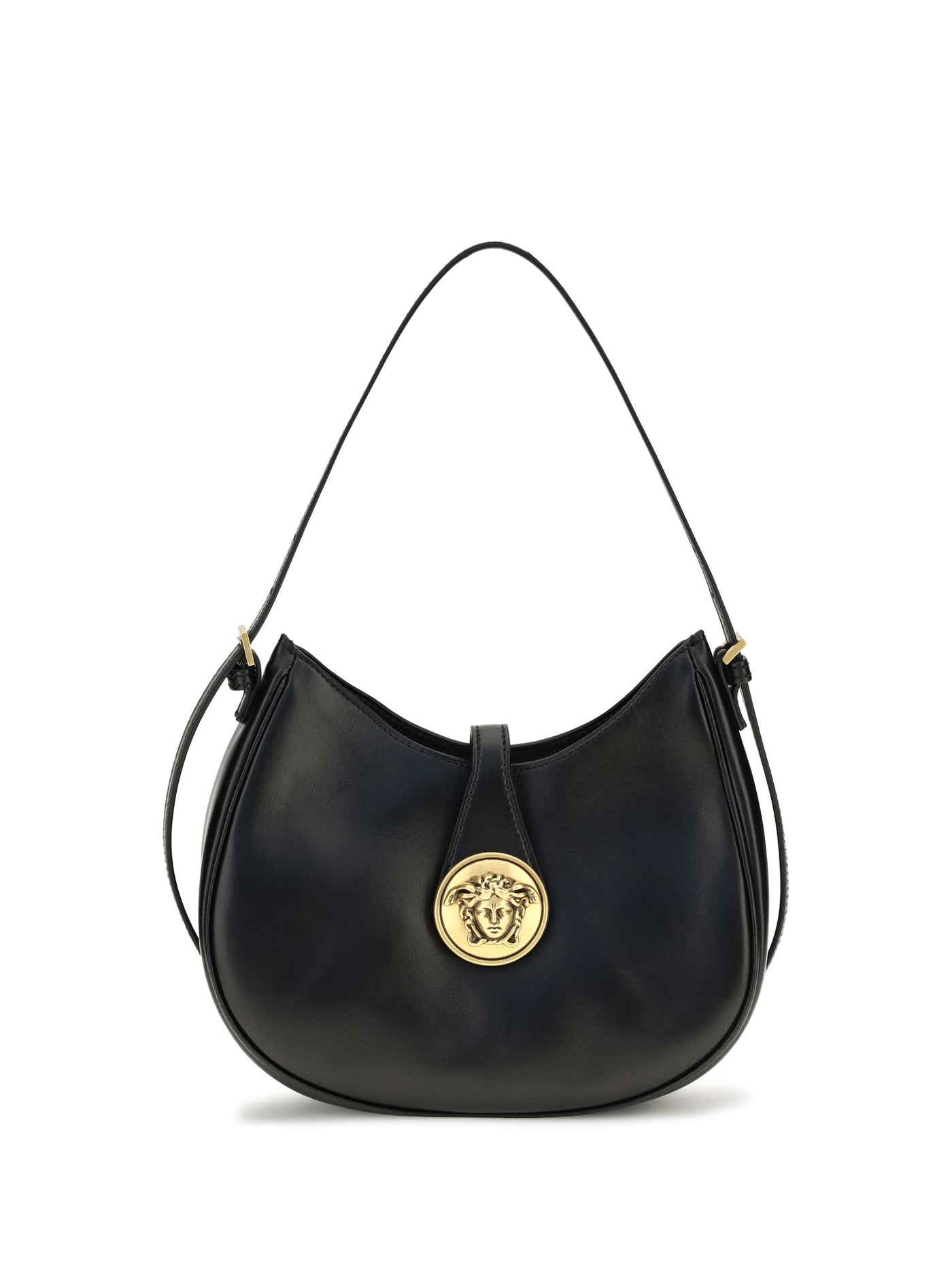 Versace Gold-Tone Medusa Plaque Shoulder Bag — Black Calf Leather Bos Taurus