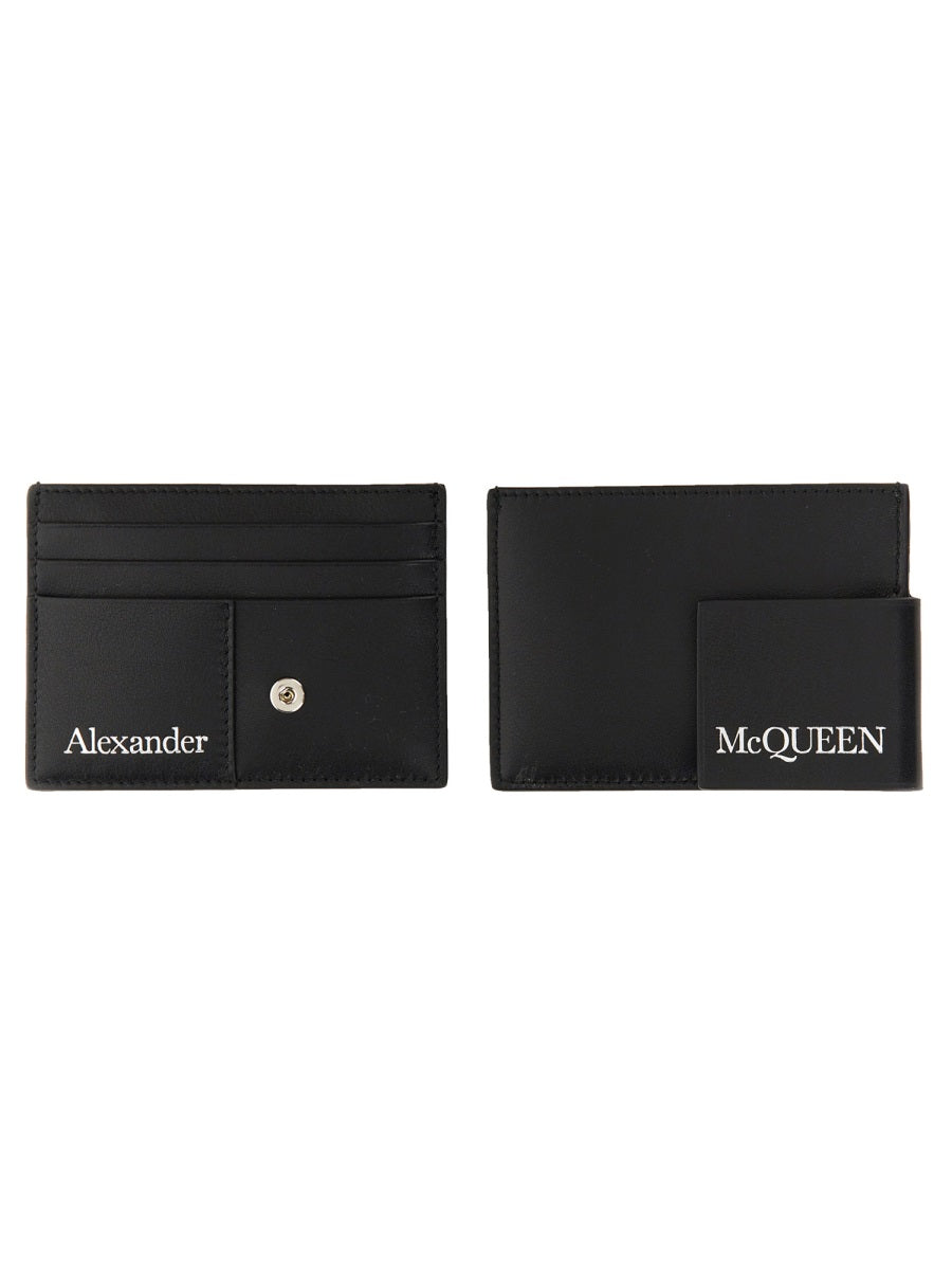 Alexander Mcqueen Logo-Print Calfskin Card Case — Black Calf Leather Wallets & Purses