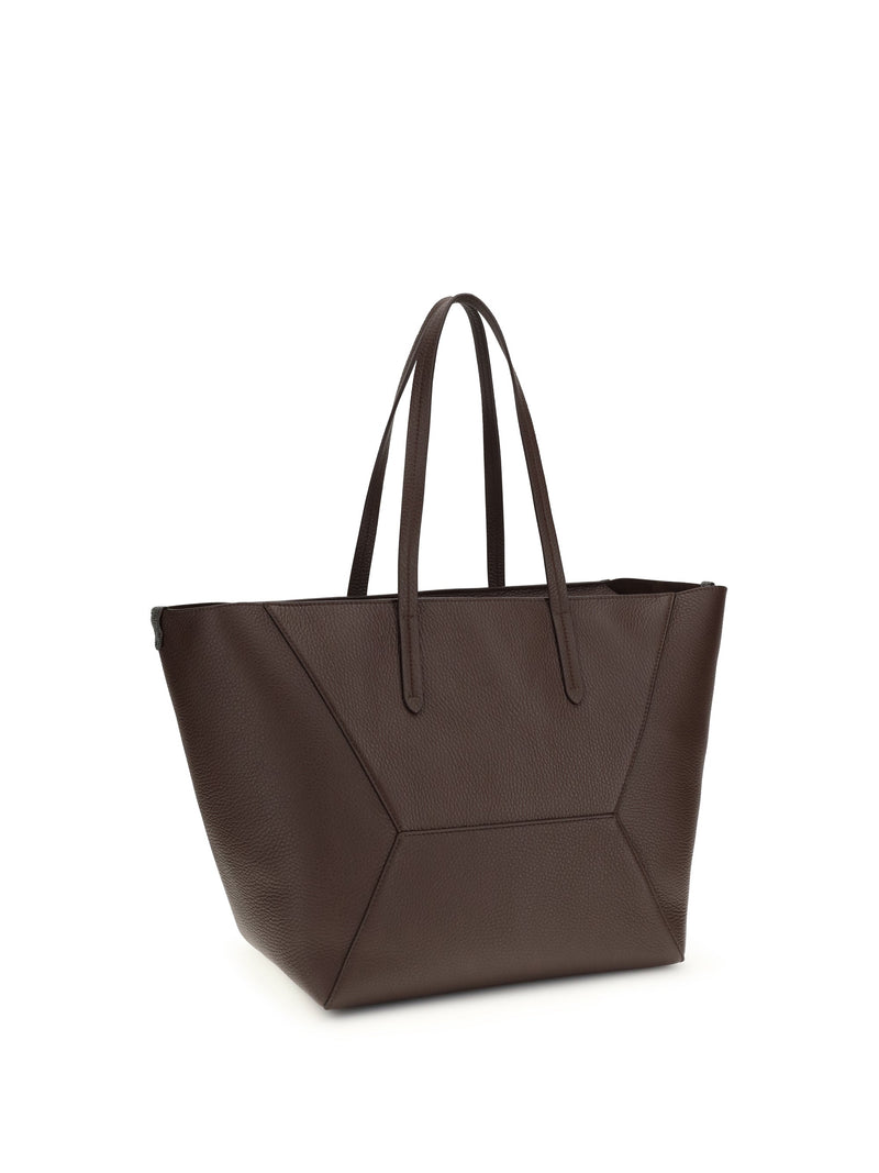 Brunello Cucinelli Hammered Calf Leather Tote Bag — Burgundy Bos Taurus