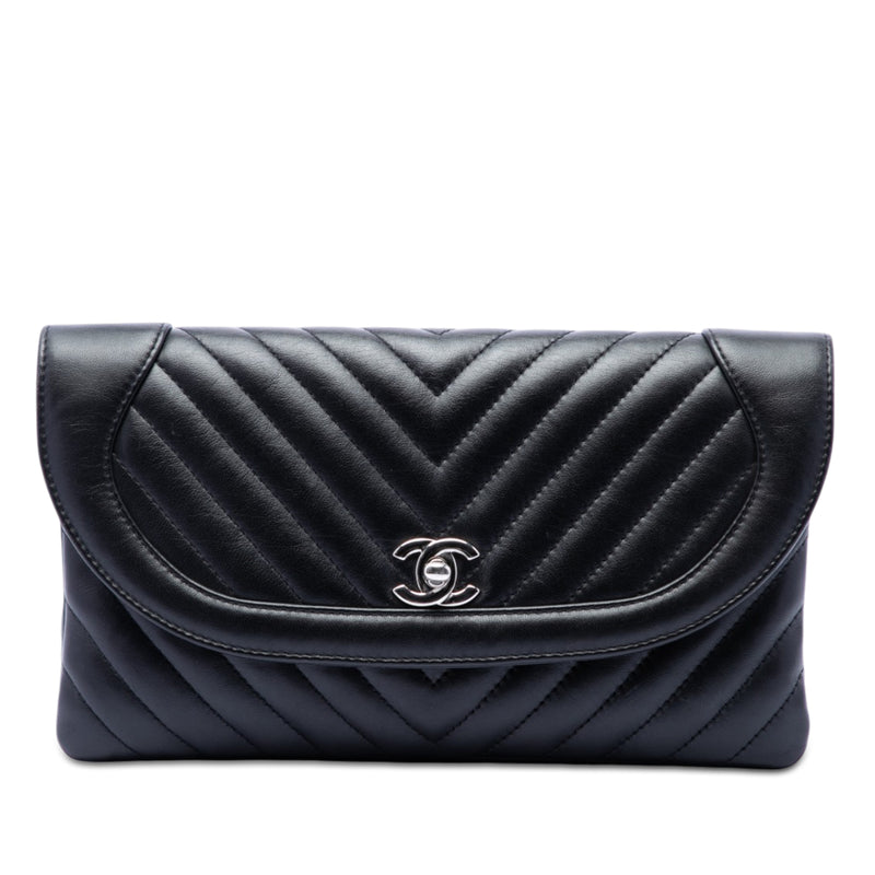 CC Chevron Lambskin Round Flap Clutch