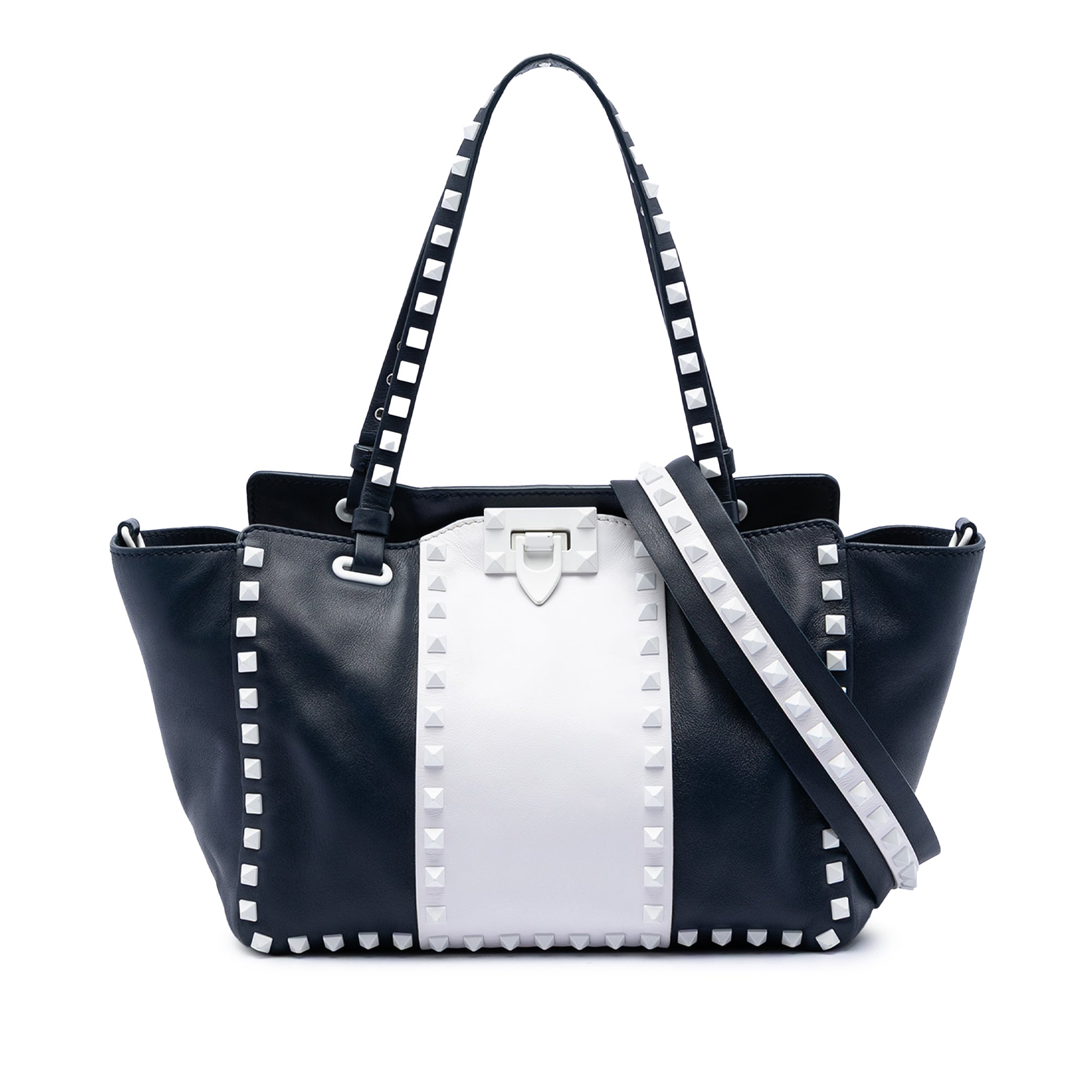Small Bicolor Leather Rockstud Double Handle Tote - Image 1