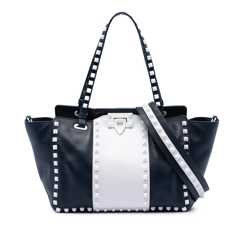 Small Bicolor Leather Rockstud Double Handle Tote