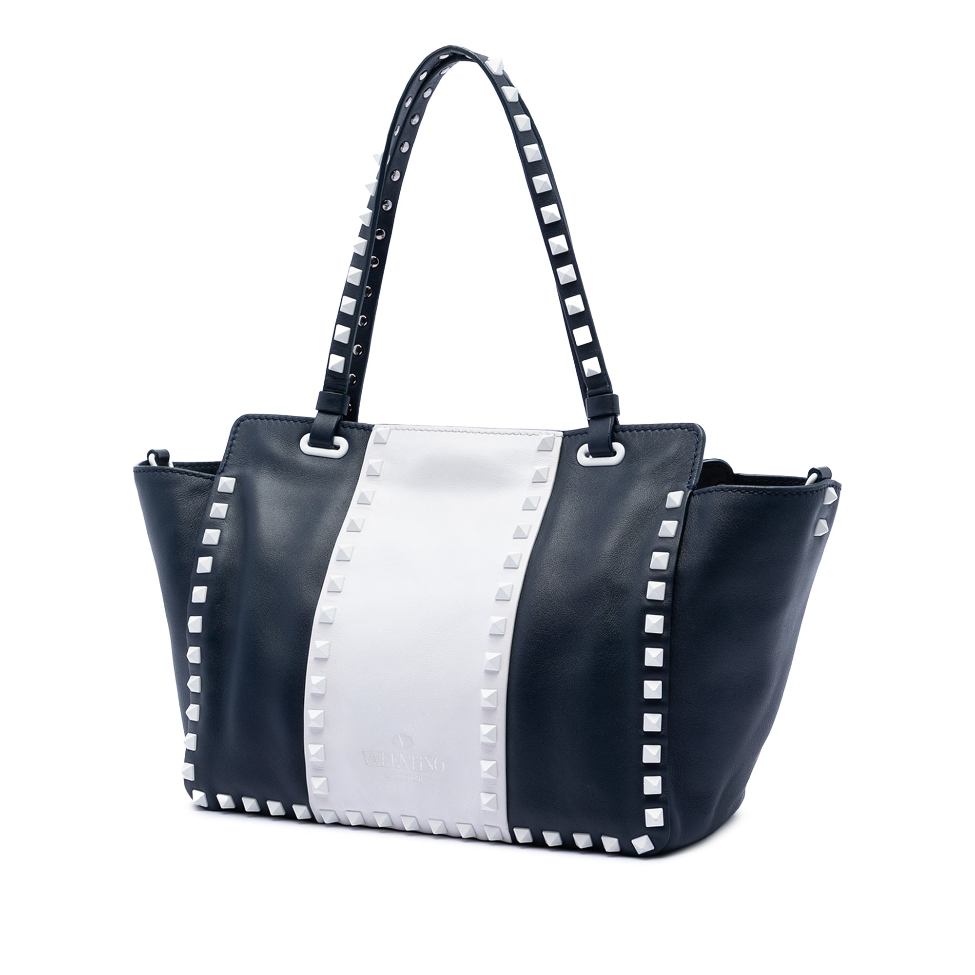 Small Bicolor Leather Rockstud Double Handle Tote - Image 2