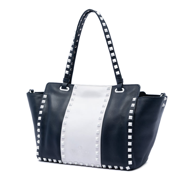 Small Bicolor Leather Rockstud Double Handle Tote - Image 2