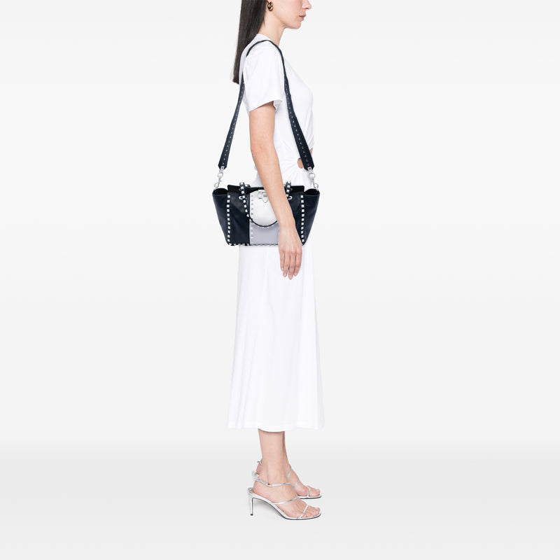 Small Bicolor Leather Rockstud Double Handle Tote - Image 7