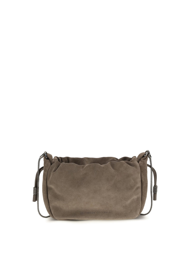 Brunello Cucinelli Precious Chain Suede Shoulder Bag — Gray Calf Leather