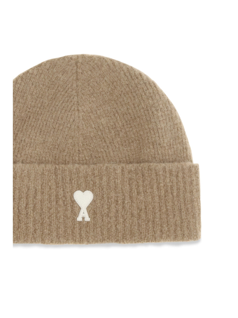 Ami Paris Ubo005kn0135 Ribbed Wool Beanie — Beige Ovis Aries Beanies