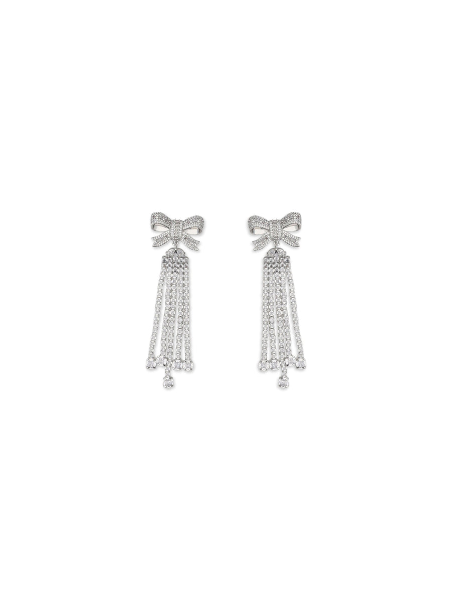 Self-Portrait Crystal Bow Drop Earrings — Silver Brass