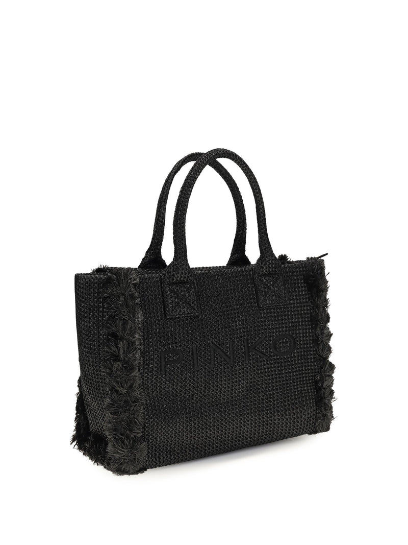 Pinko Raffia With Fringed Details Tote Bag — Black
