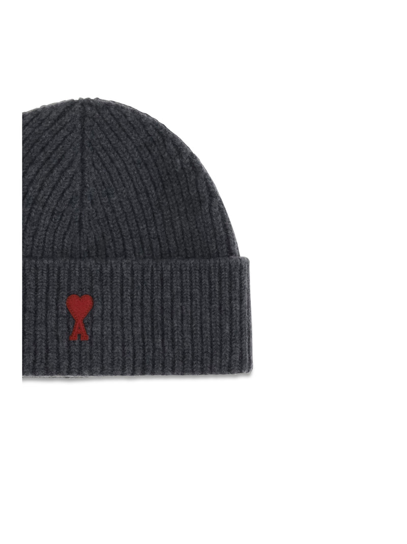 Ami Paris Bfuha116018 Beanie — Gray Merino Wool Ovis Aries Beanies